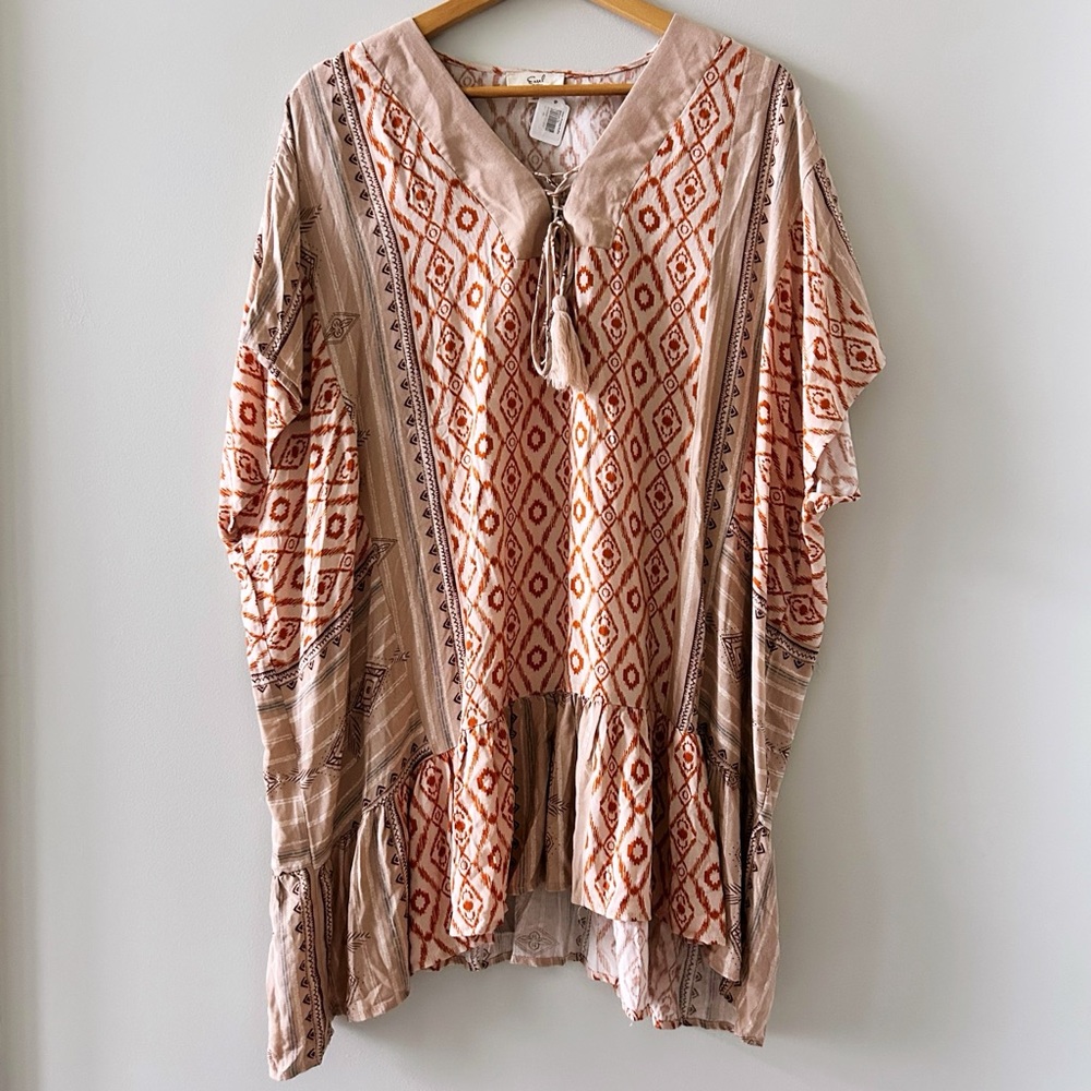 NEW Easel Aztec Ruffle Tunic Small Oversized Tan Warm Tone Tassel Tie Neck